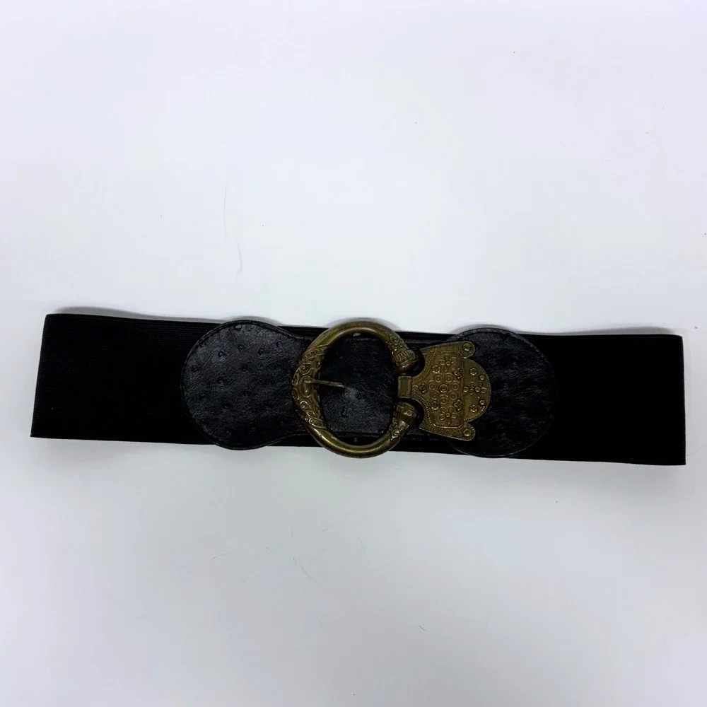 Lake Shore Drive Belt Womens ML Black Elastic Ostrich Print Ornate Brass Buckle